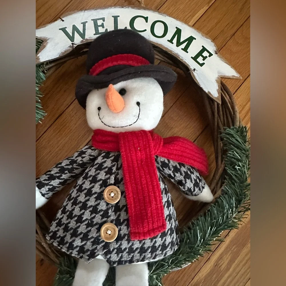Christmas Stuffed Snowman WELCOME Door Wreath w. Red Scarf & Vines. Wood Sign.